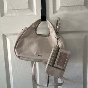 The Sak Cream Leather Crossbody Hobo Bag with Matching ID Keychain Wallet